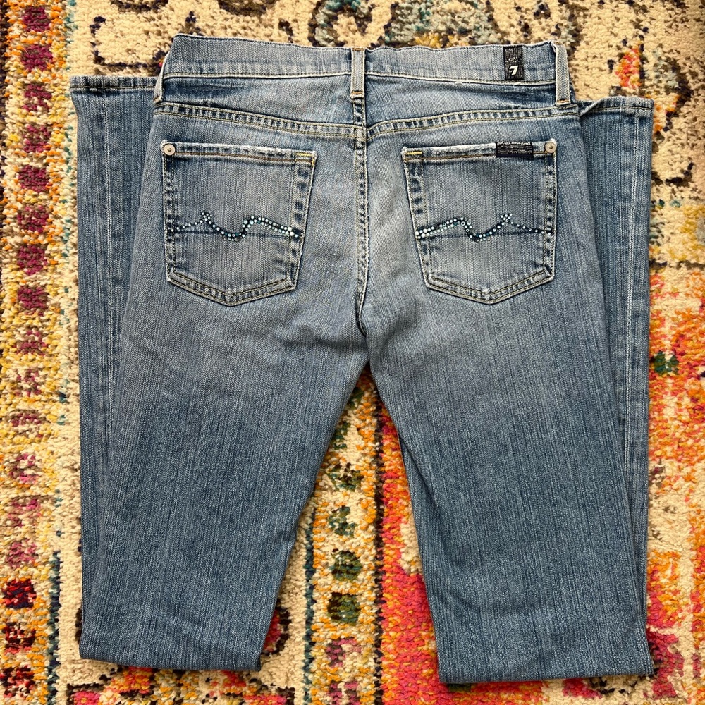 7 For All Mankind Medium Wash Bootcut Rhinestone Pocket Vintage Jeans Size 25 👖